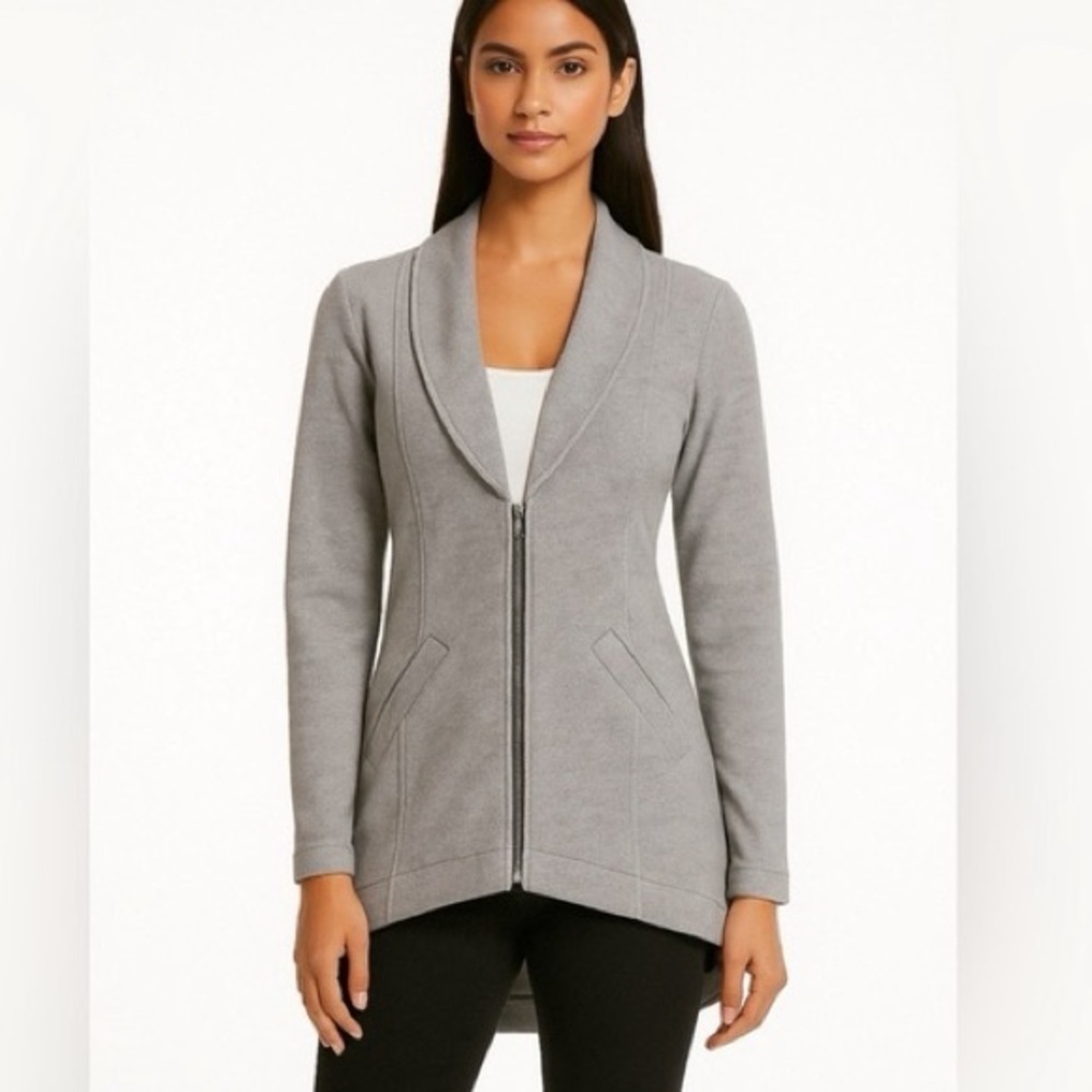 CAbi Drop Off Zip Back Grey Blazer Jacket Gray White Striped Size Medium